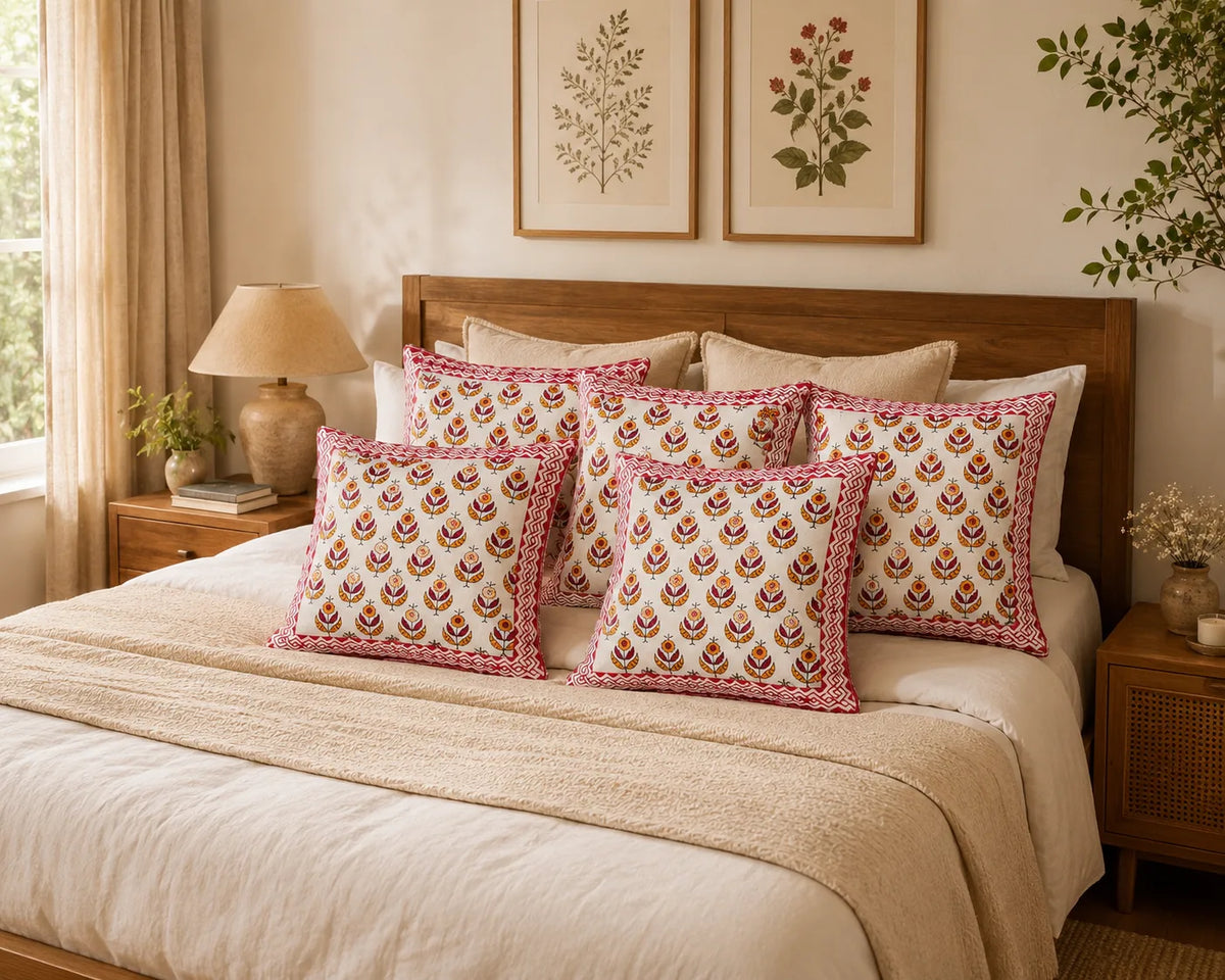 Parijat Hand Block Print Cushion Cover – 16x16 Inch | Floral Cotton Pillow Cover | Jaipur Artisan Design