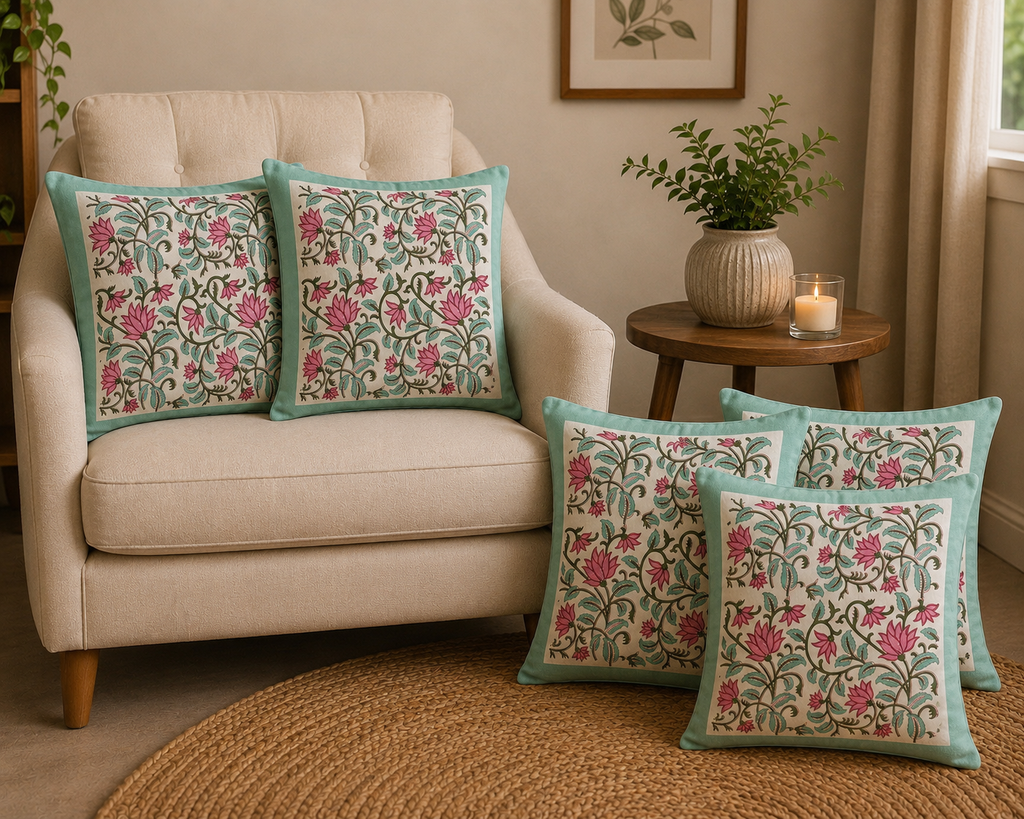 Gulnaar Lotus Hand Block Print Cushion Cover – 16x16 Inch | Floral Cotton Pillow Cover | Jaipur Artisan Design