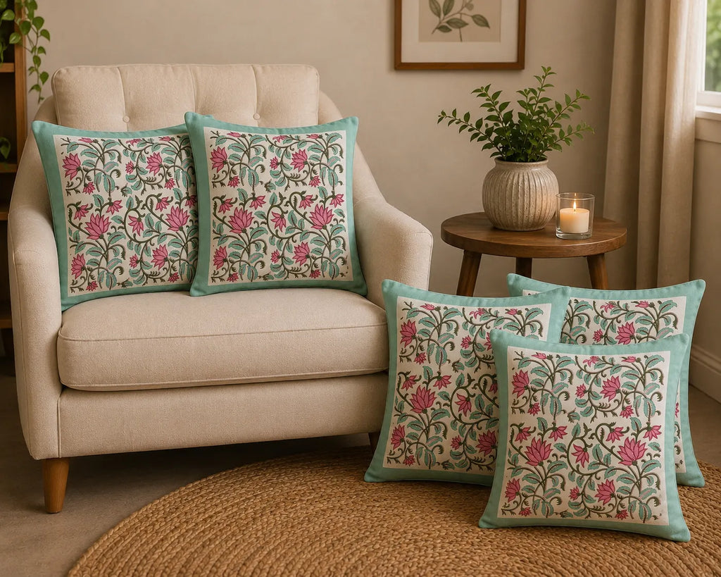 Gulnaar Lotus Hand Block Print Cushion Cover – 16x16 Inch | Floral Cotton Pillow Cover | Jaipur Artisan Design