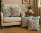 Gulnaar Lotus Hand Block Print Cushion Cover – 16x16 Inch | Floral Cotton Pillow Cover | Jaipur Artisan Design
