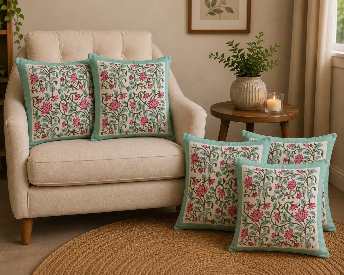 Gulnaar Lotus Hand Block Print Cushion Cover – 16x16 Inch | Floral Cotton Pillow Cover | Jaipur Artisan Design