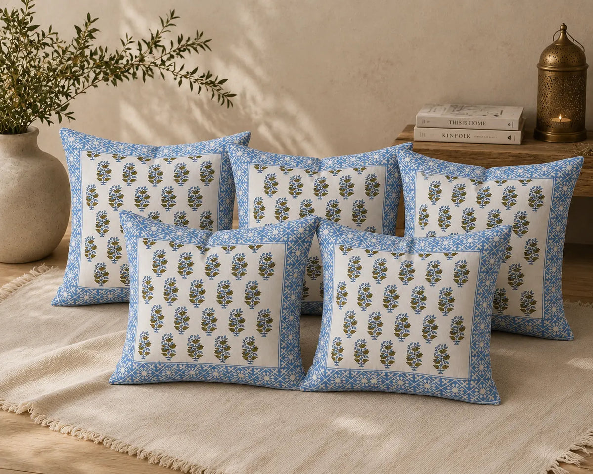 Neel Amber Hand Block Print Cushion Cover – 16x16 Inch | Floral Cotton Pillow Cover | Jaipur Artisan Design
