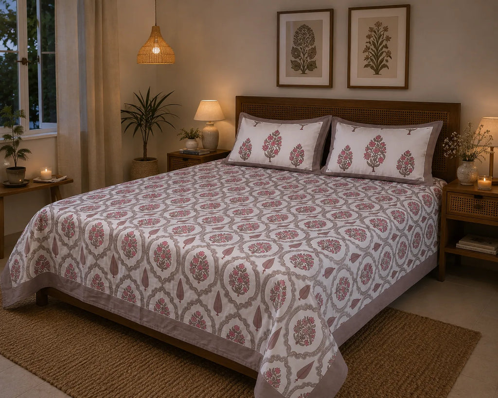 Gulab Kunj Print Cotton Bedsheet with 2 Pillow Covers | Premium Jaipuri Floral Bedsheet | (108x108 super king size)