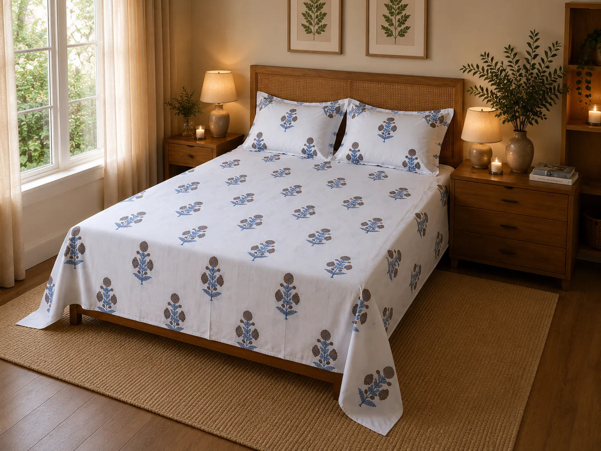 Royal Golden Brown Marigold Jaipuri Handblock Print Mulmul Cotton Bedsheet with 2 Pillow Covers (108x108 Super King Size)