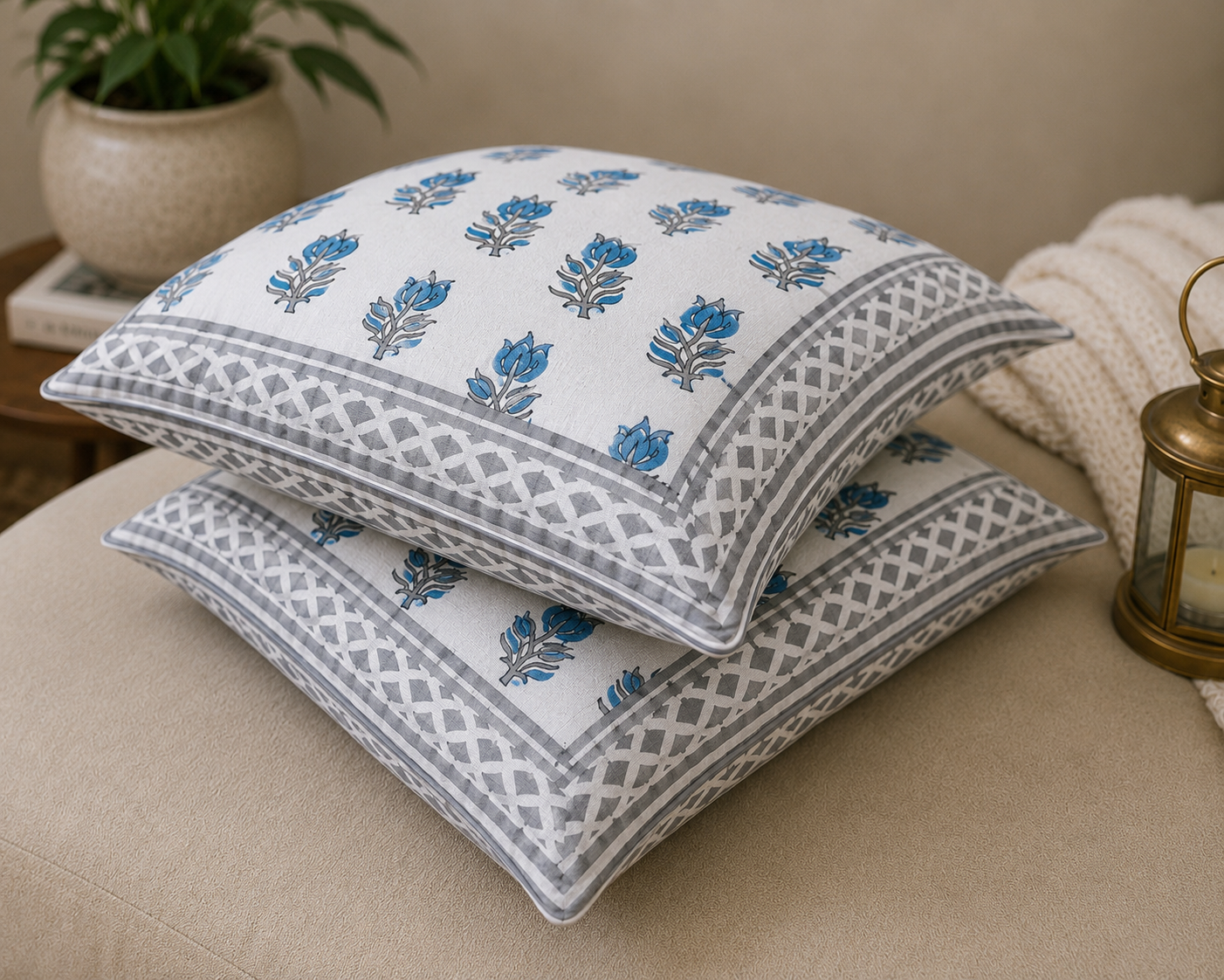 Neel Kamal Handblock Printed percale cotton Cushion Cover 16x16