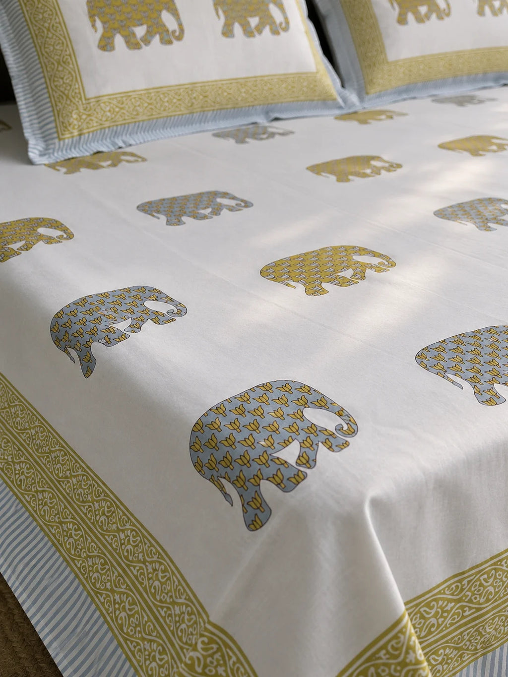 Gajraj Handblock Print Mustard Yellow & Powder Blue Premium Cotton Bedsheet with 2 Pillow Covers (108x108 super king size)