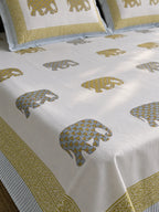 Gajraj Handblock Print Mustard Yellow & Powder Blue Premium Cotton Bedsheet with 2 Pillow Covers (108x108 super king size)