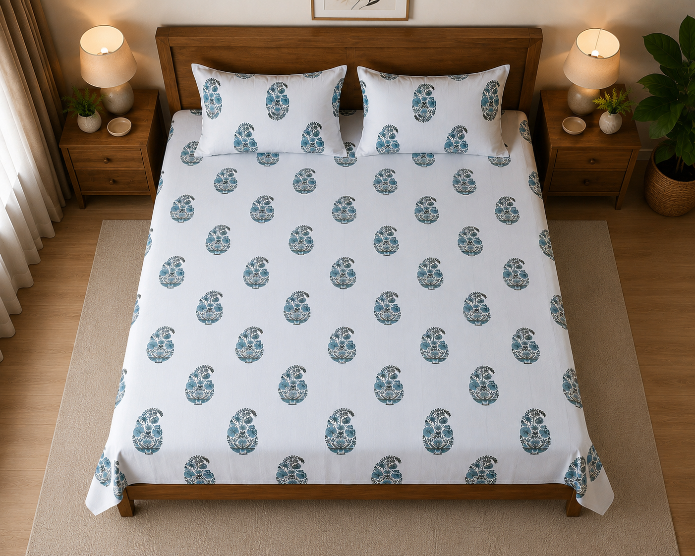 Sham-e-Bahaar Premium Blue & Teal Floral Handblock Print Cotton Bedsheet with 2 Pillow Covers (108x108 Super King Size)