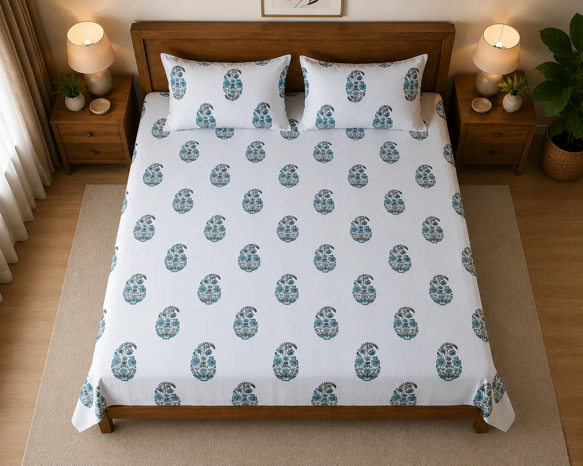 Sham-e-Bahaar Premium Blue & Teal Floral Handblock Print Cotton Bedsheet with 2 Pillow Covers (108x108 Super King Size)