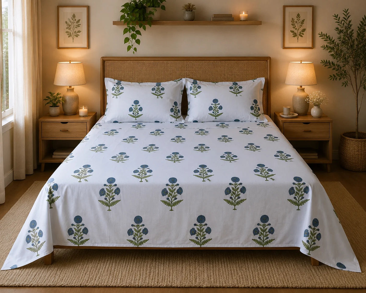 Royal Blue Marigold Jaipuri Handblock Print Mulmul Cotton Bedsheet with 2 Pillow Covers (108x108 Super King Size)