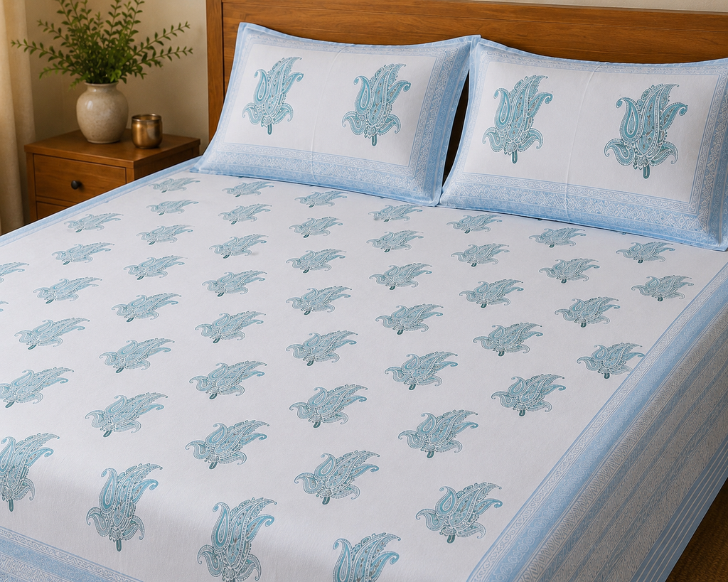 Hand Block Printed 100% Cotton Bedsheet with 2 Pillow Covers | NEEMRANA NEEL | Super King Size (108×108 in)