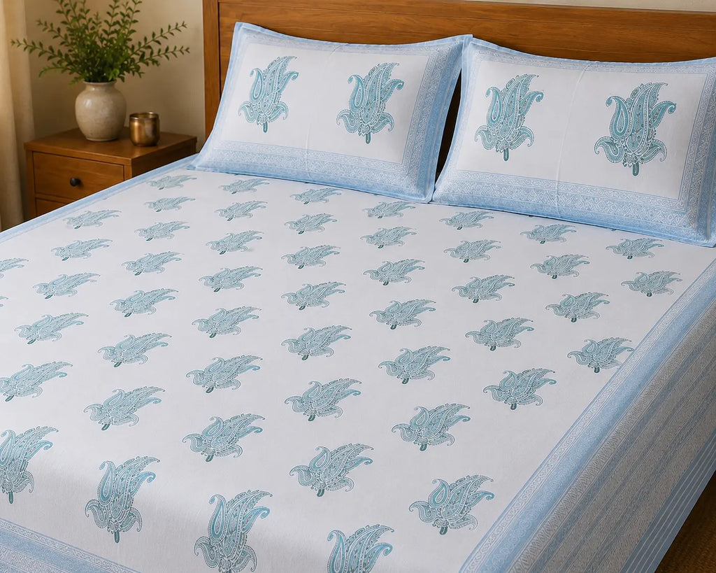 Hand Block Printed 100% Cotton Bedsheet with 2 Pillow Covers | NEEMRANA NEEL | Super King Size (108×108 in)