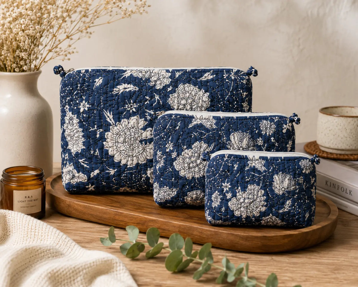 Hand Block Print Quilted Cotton Pouch Set of 3 | Indigo Blue Floral Travel Makeup & Toiletry Organizer