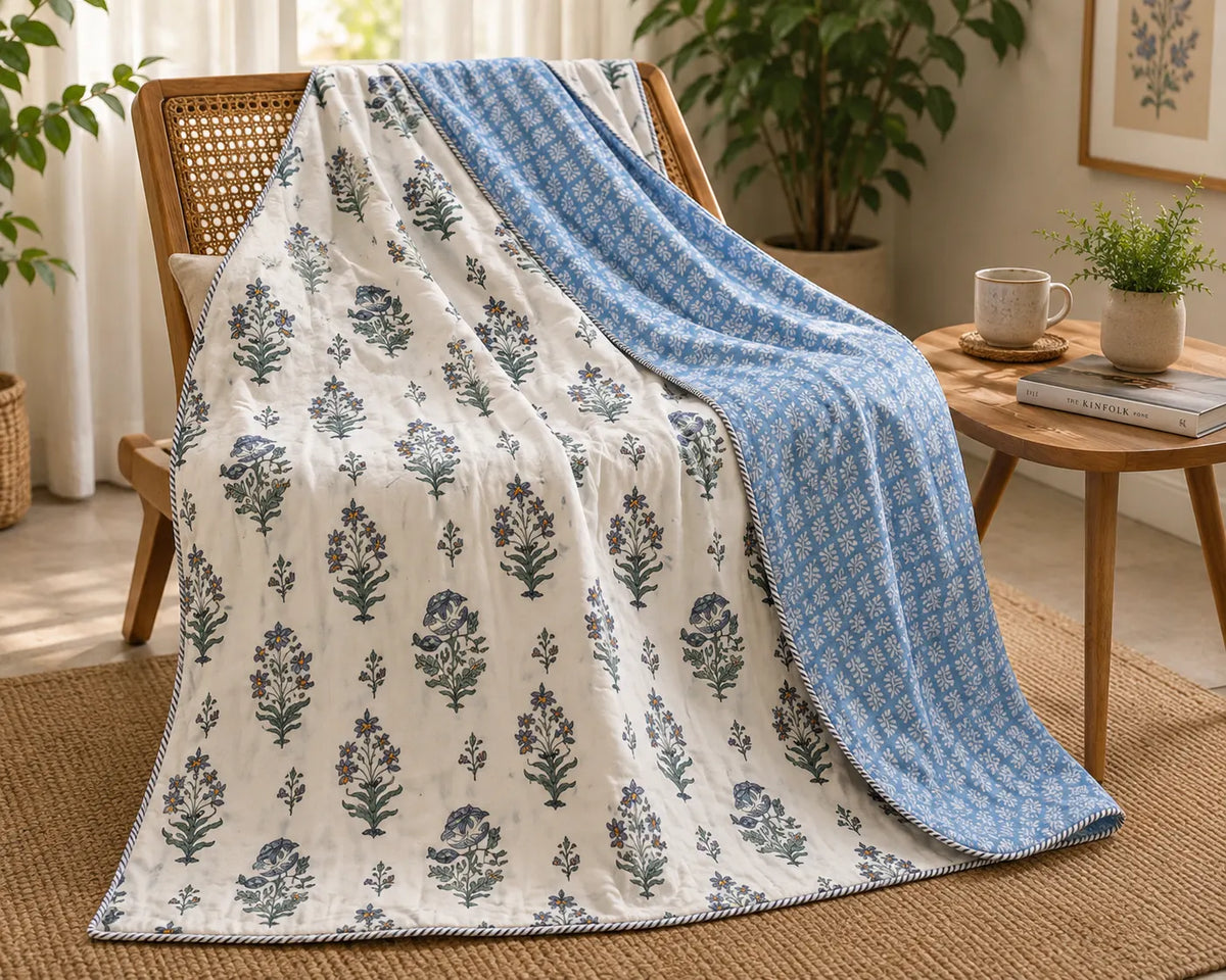 Blue Gulbahar Hand Block Print Reversible Dual Print Single Bed Dohar | 100% Cotton | Soft Lightweight Dohar Quilt