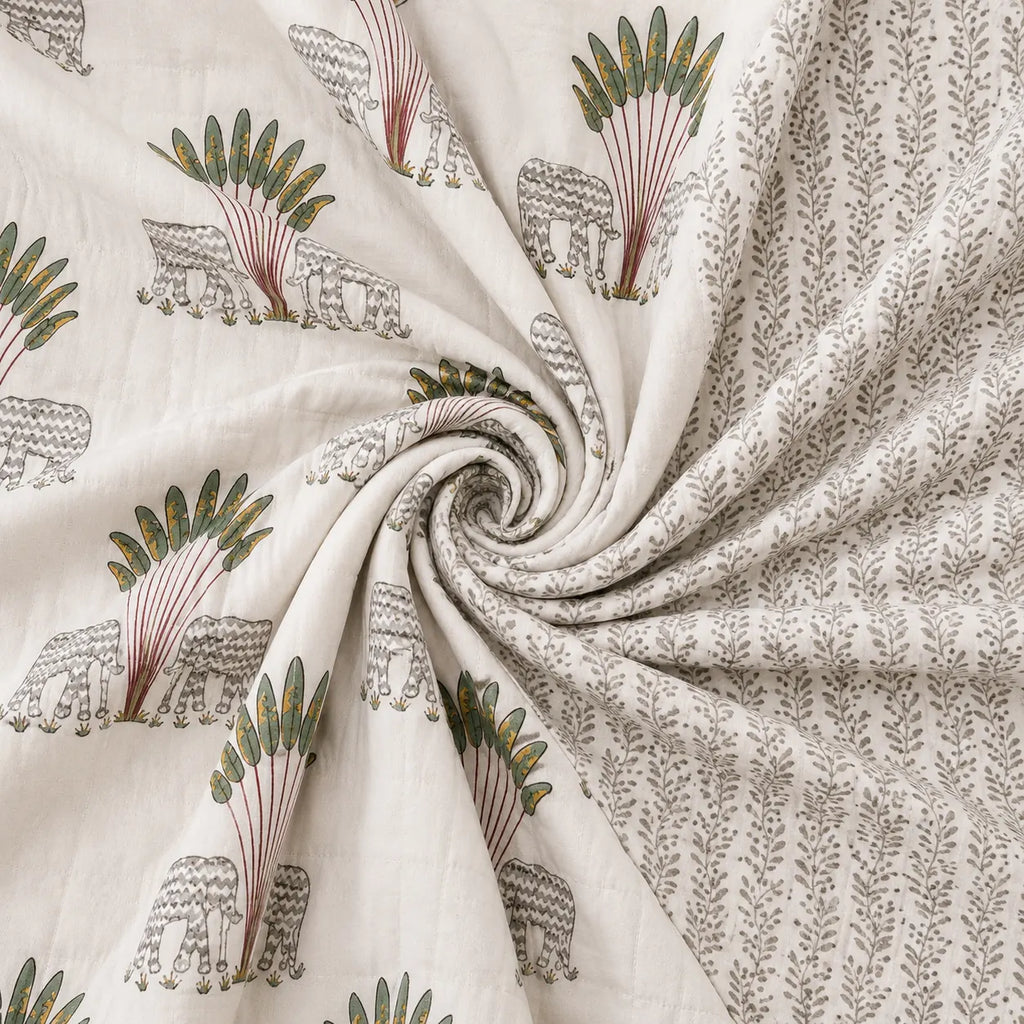 Gaj Vatika Hand Block Print Reversible Single Bed Dohar | 100% Cotton | Soft Lightweight Quilt