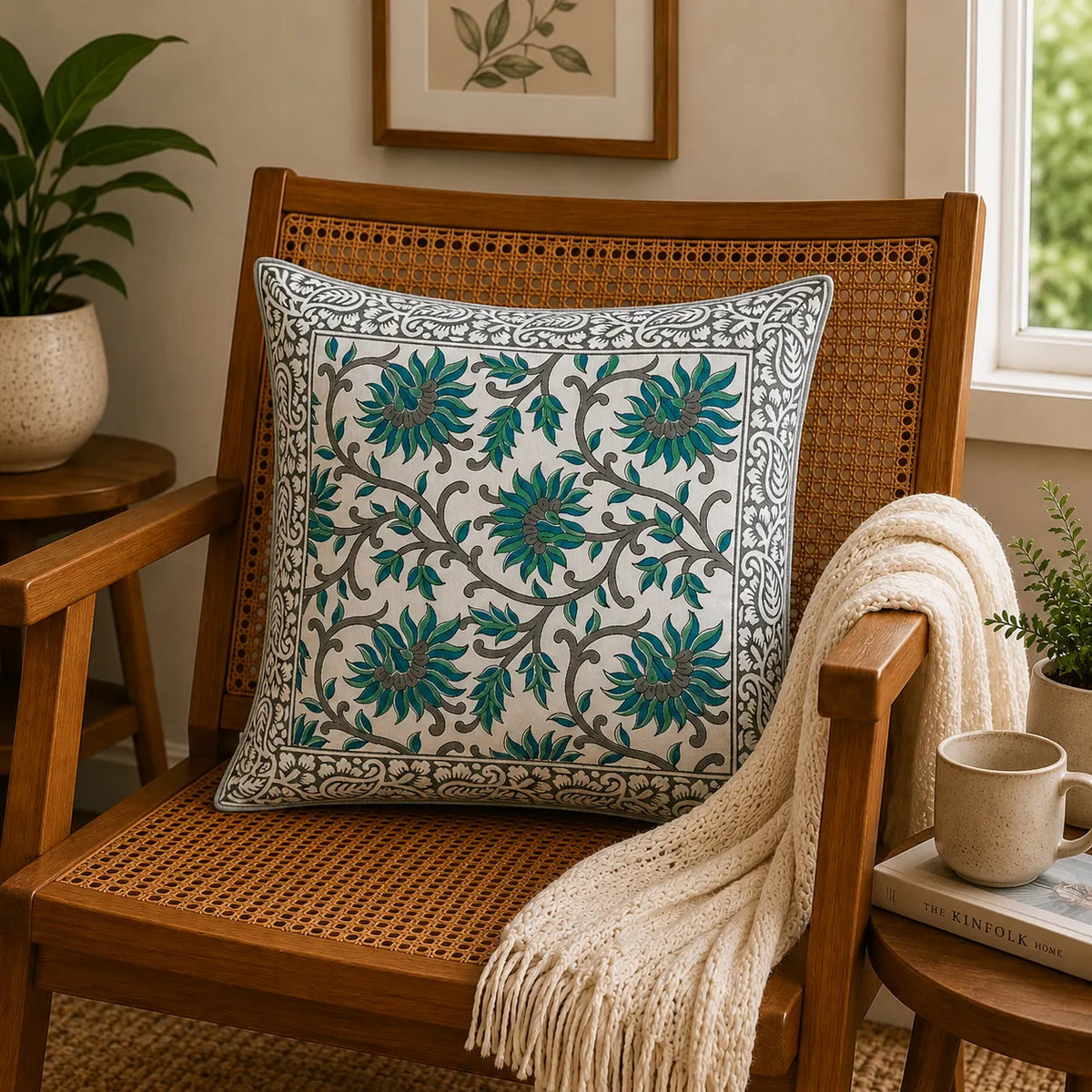 Malhar Hand Block Print Cushion Cover – 16x16 Inch | Floral Cotton Pillow Cover | Jaipur Artisan Design