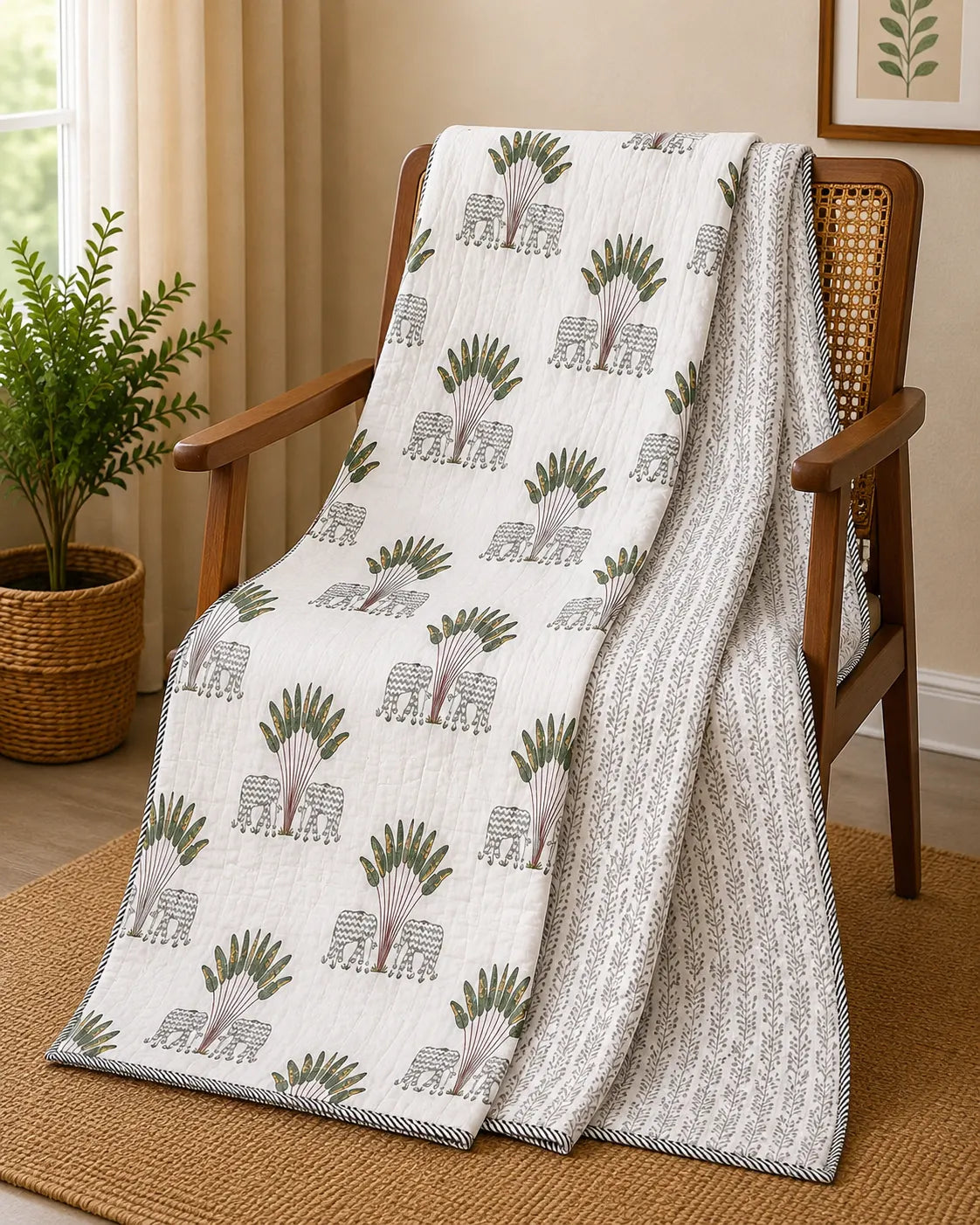 Gaj Vatika Hand Block Print Reversible Single Bed Dohar | 100% Cotton | Soft Lightweight Quilt