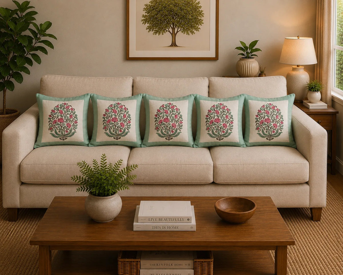 Lotus Floral Jaal Design - Hand Block Print Cotton Cushion Cover 16x16 Inch | Handmade Jaipur Pillow Cover | Aqua Green Border