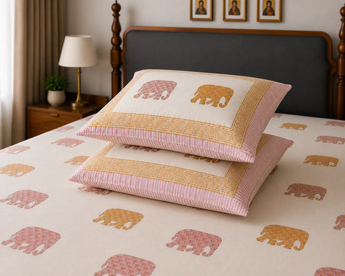 Gajraj Handblock Print pink Premium Cotton Bedsheet with 2 Pillow Covers (108x108 super king size)