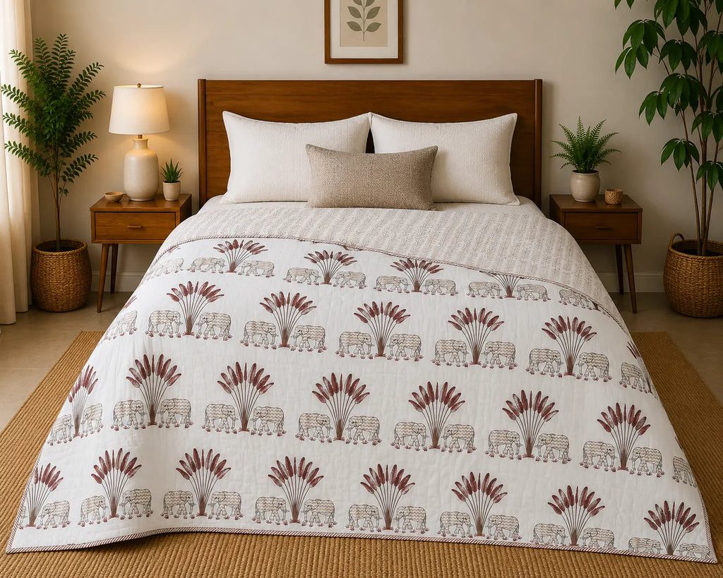 Gaj Vatika Hand Block Print Reversible Single Bed Dohar | 100% Cotton | Soft Lightweight Quilt