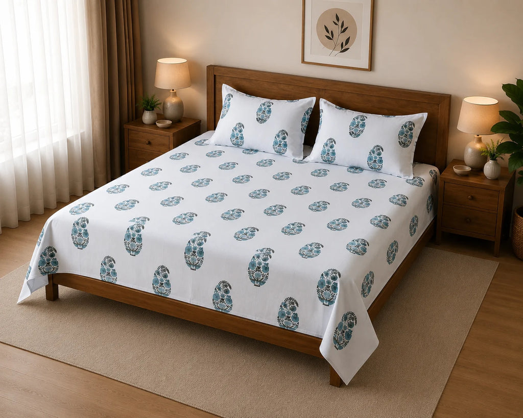 Sham-e-Bahaar Premium Blue & Teal Floral Handblock Print Cotton Bedsheet with 2 Pillow Covers (108x108 Super King Size)