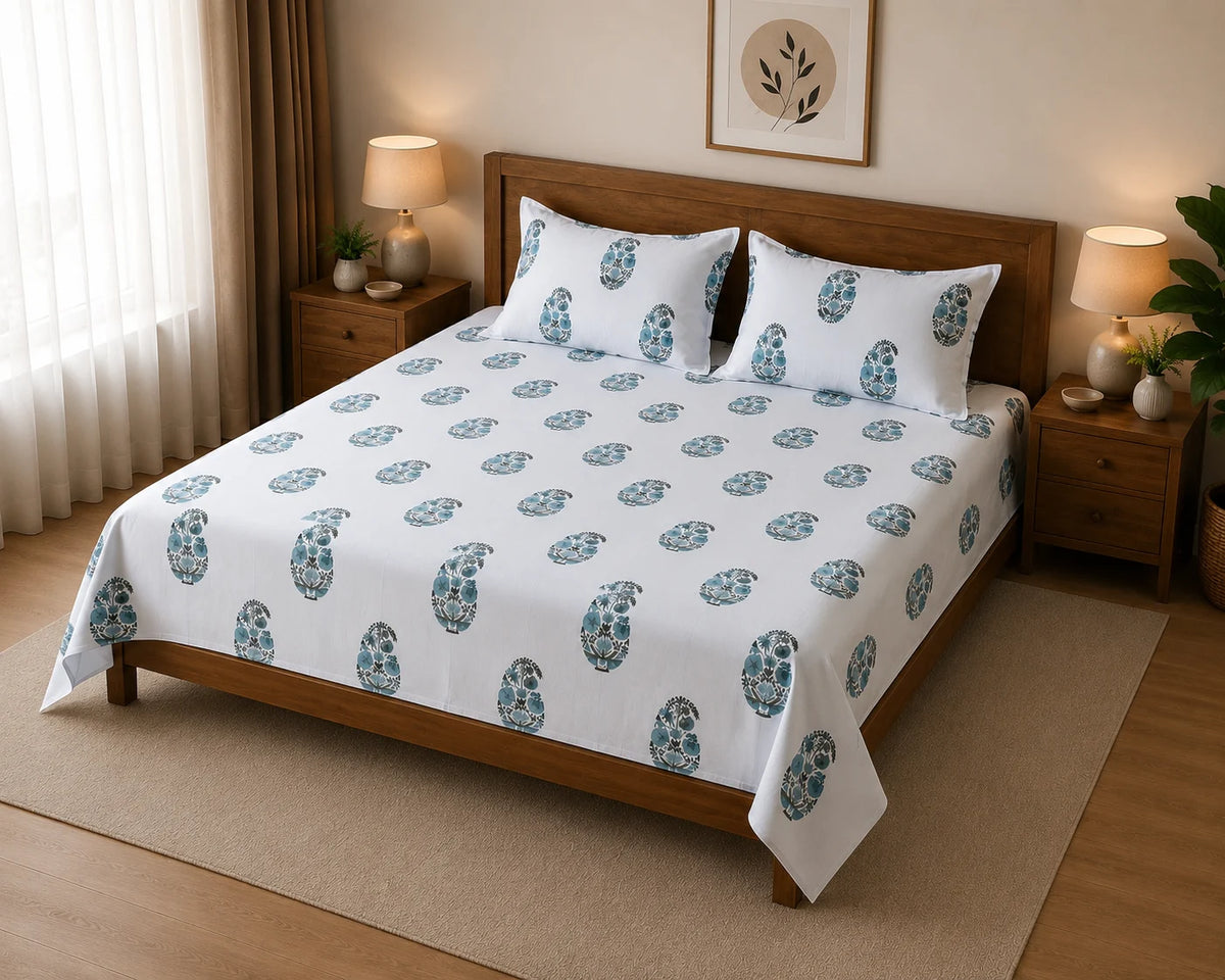Sham-e-Bahaar Premium Blue & Teal Floral Handblock Print Cotton Bedsheet with 2 Pillow Covers (108x108 Super King Size)
