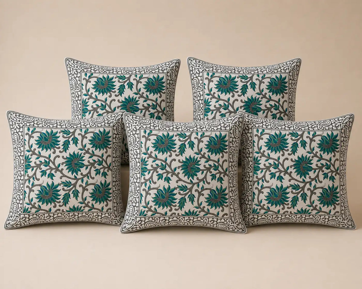 Malhar Hand Block Print Cushion Cover – 16x16 Inch | Floral Cotton Pillow Cover | Jaipur Artisan Design