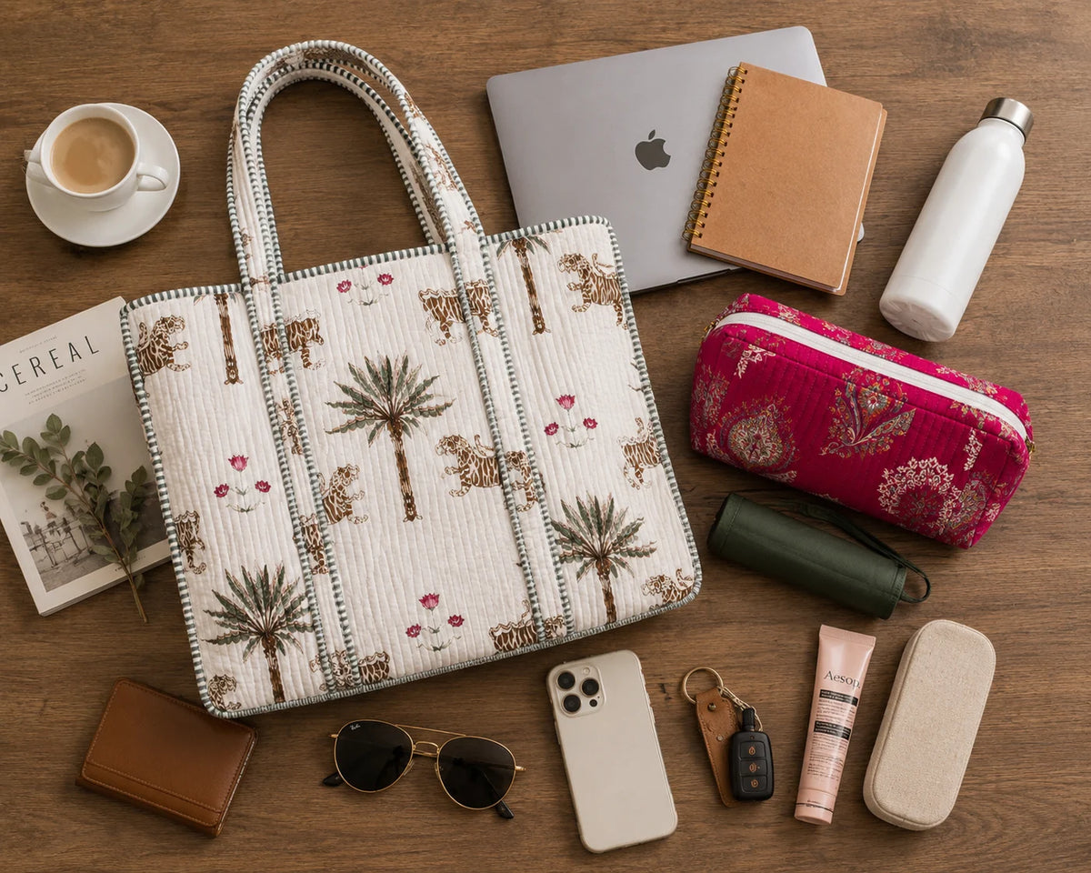 The Ranthambore Quilted Hand-Block Printed Cotton Tote Bag