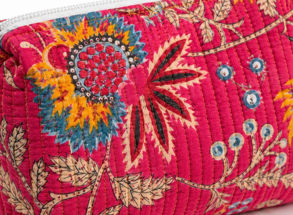 Hand Block Print Quilted Cotton Pouch Set of 3 | Gulmohar Pink Floral Travel Makeup & Toiletry Organizer