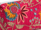 Hand Block Print Quilted Cotton Pouch Set of 3 | Gulmohar Pink Floral Travel Makeup & Toiletry Organizer