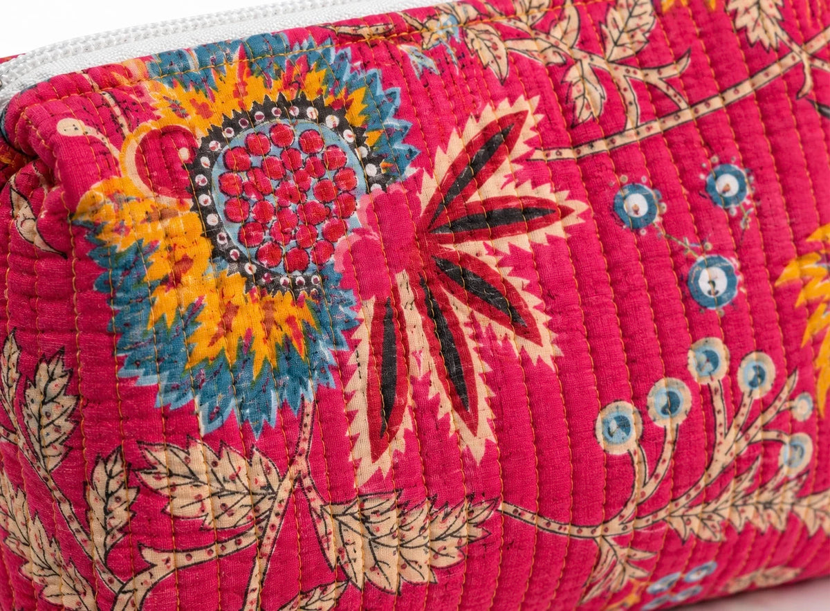 Hand Block Print Quilted Cotton Pouch Set of 3 | Gulmohar Pink Floral Travel Makeup & Toiletry Organizer