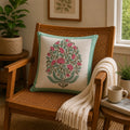 Lotus Floral Jaal Design - Hand Block Print Cotton Cushion Cover 16x16 Inch | Handmade Jaipur Pillow Cover | Aqua Green Border