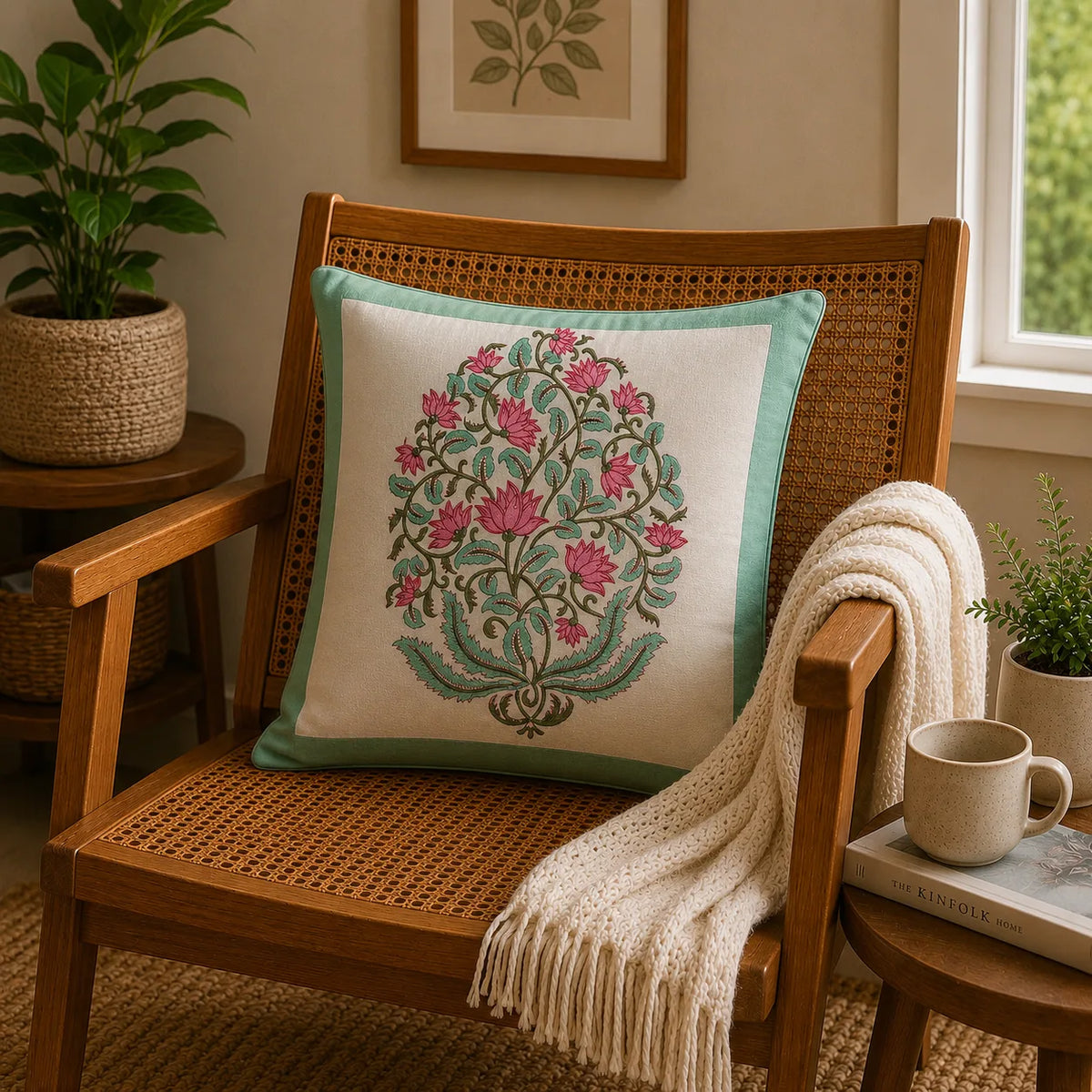 Lotus Floral Jaal Design - Hand Block Print Cotton Cushion Cover 16x16 Inch | Handmade Jaipur Pillow Cover | Aqua Green Border