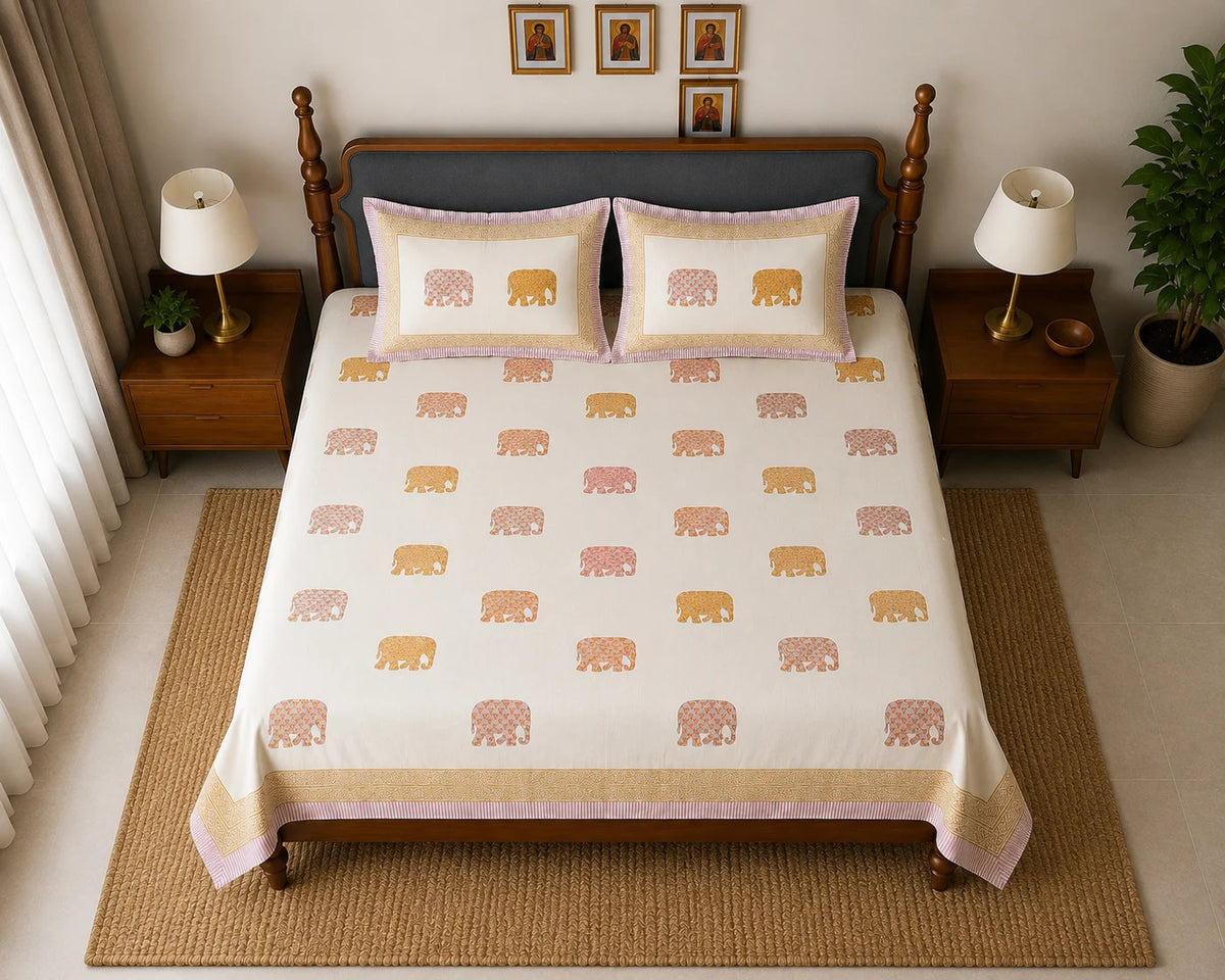 Gajraj Handblock Print pink Premium Cotton Bedsheet with 2 Pillow Covers (108x108 super king size)