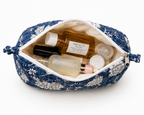 Hand Block Print Quilted Cotton Pouch Set of 3 | Indigo Blue Floral Travel Makeup & Toiletry Organizer