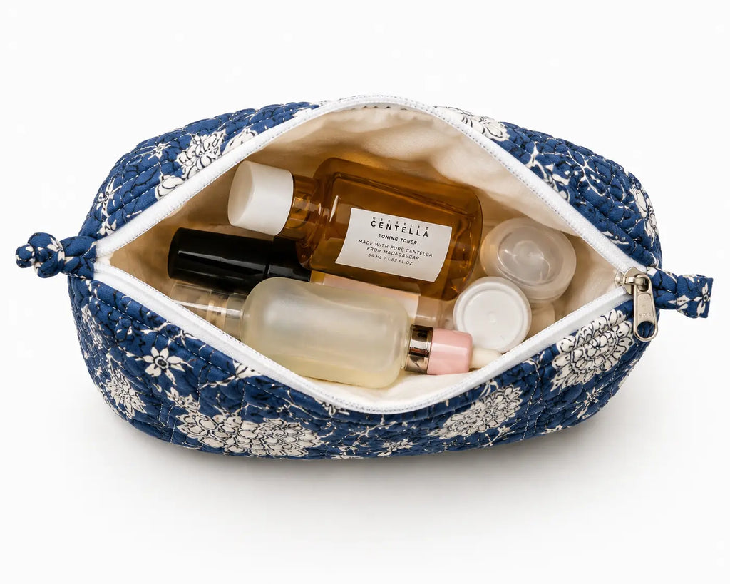 Hand Block Print Quilted Cotton Pouch Set of 3 | Indigo Blue Floral Travel Makeup & Toiletry Organizer