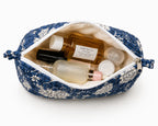Hand Block Print Quilted Cotton Pouch Set of 3 | Indigo Blue Floral Travel Makeup & Toiletry Organizer