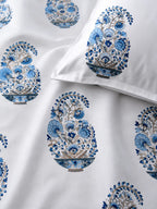 Sham-e-Bahaar Premium Aqua Blue Floral Handblock Print Cotton Bedsheet with 2 Pillow Covers (108x108 Super King Size)