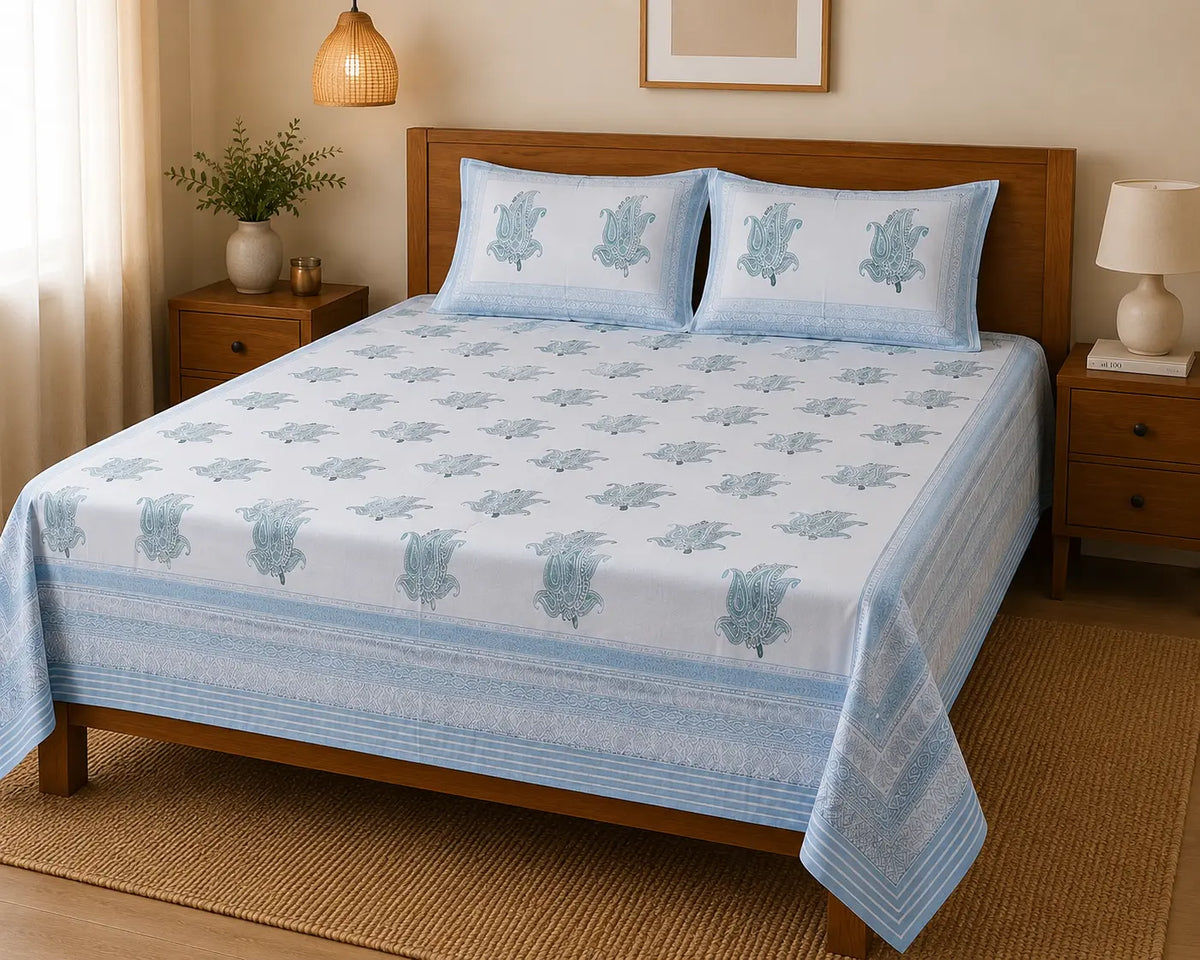 Hand Block Printed 100% Cotton Bedsheet with 2 Pillow Covers | NEEMRANA NEEL | Super King Size (108×108 in)