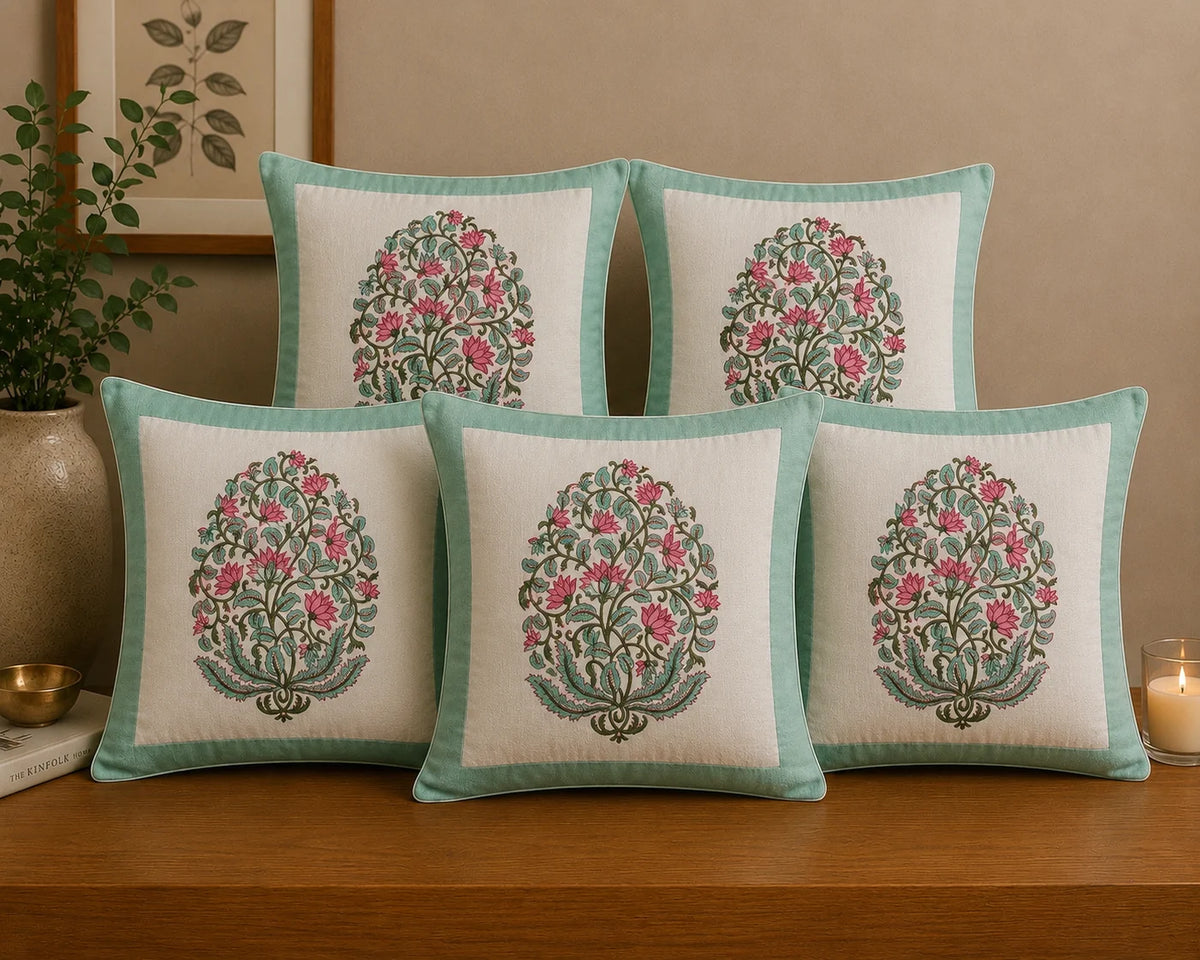 Lotus Floral Jaal Design - Hand Block Print Cotton Cushion Cover 16x16 Inch | Handmade Jaipur Pillow Cover | Aqua Green Border