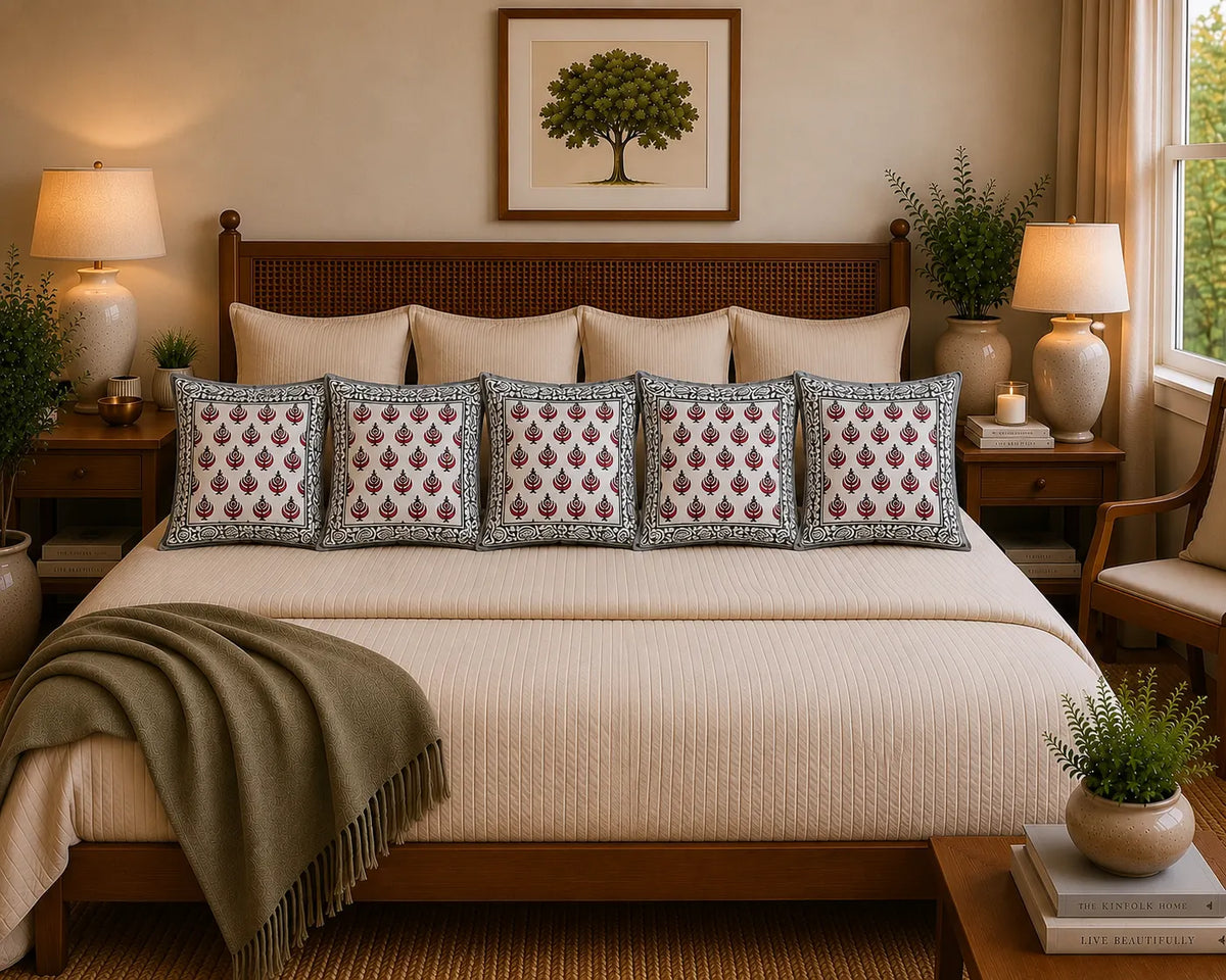 Anaar Bagh Hand Block Print Cushion Cover – 16x16 Inch | Floral Cotton Pillow Cover | Jaipur Artisan Design