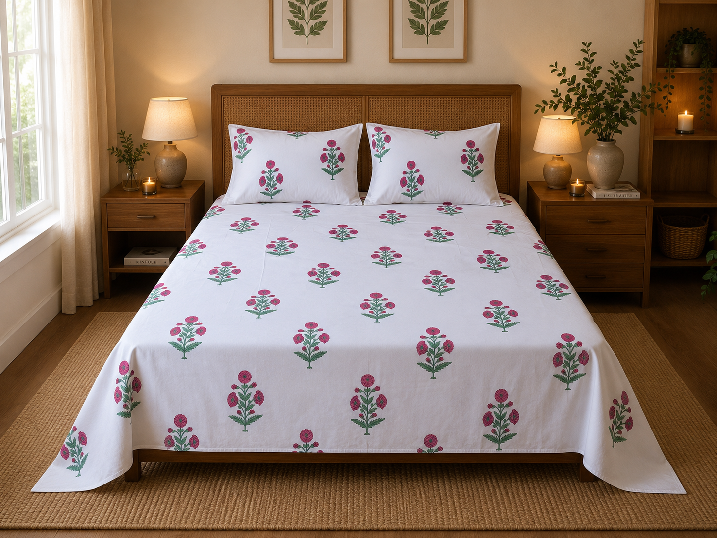 Gulabi Marigold Jaipuri Handblock Print Mulmul Cotton Bedsheet with 2 Pillow Covers (108x108 Super King Size)