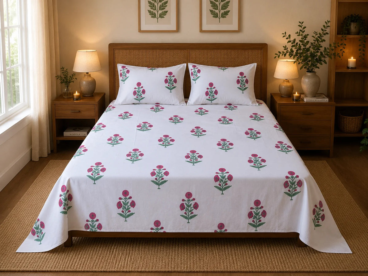 Gulabi Marigold Jaipuri Handblock Print Mulmul Cotton Bedsheet with 2 Pillow Covers (108x108 Super King Size)