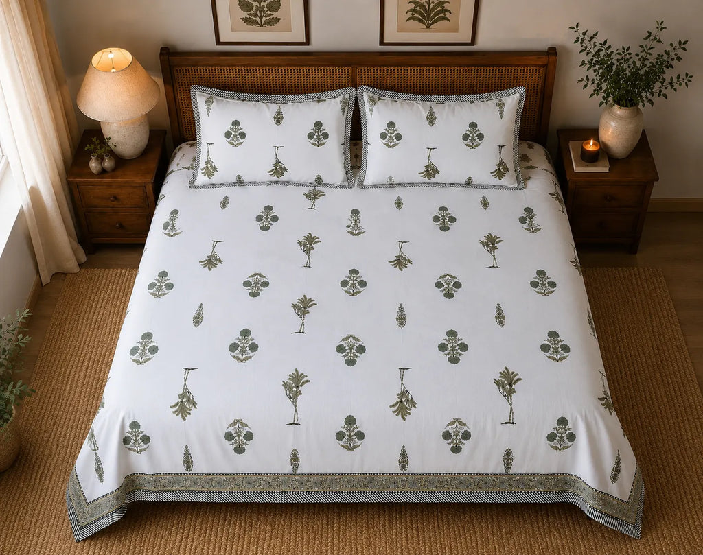 Vrindavan Vriksha Booti Cotton Bedsheet with 2 Pillow Covers | Premium Jaipuri Floral Print |(108x108 super king size)