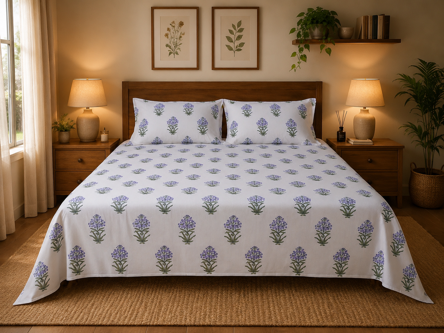 Lavender Buta Handblock Printed Mulmul Cotton Bedsheet with 2 Pillow Covers (108x108 Super King Size)