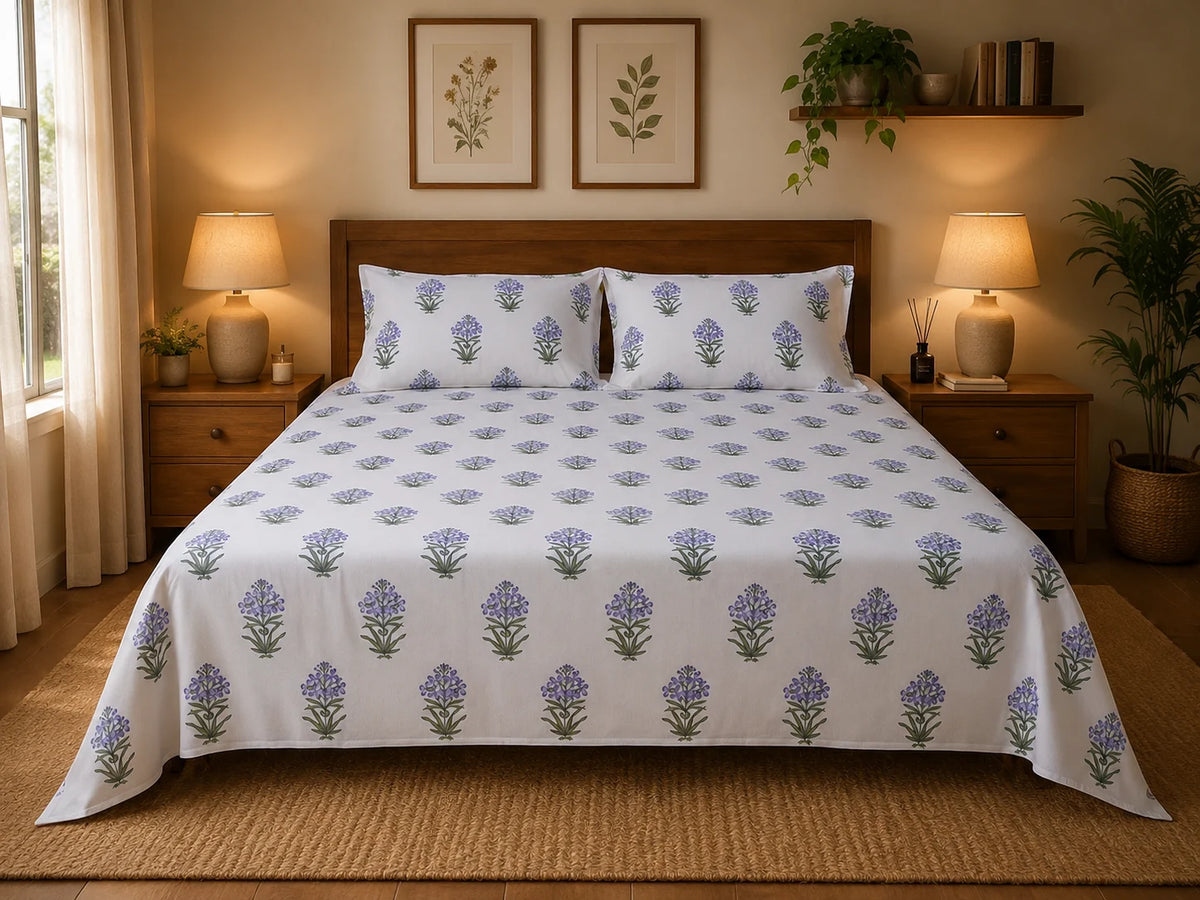 Lavender Buta Handblock Printed Mulmul Cotton Bedsheet with 2 Pillow Covers (108x108 Super King Size)