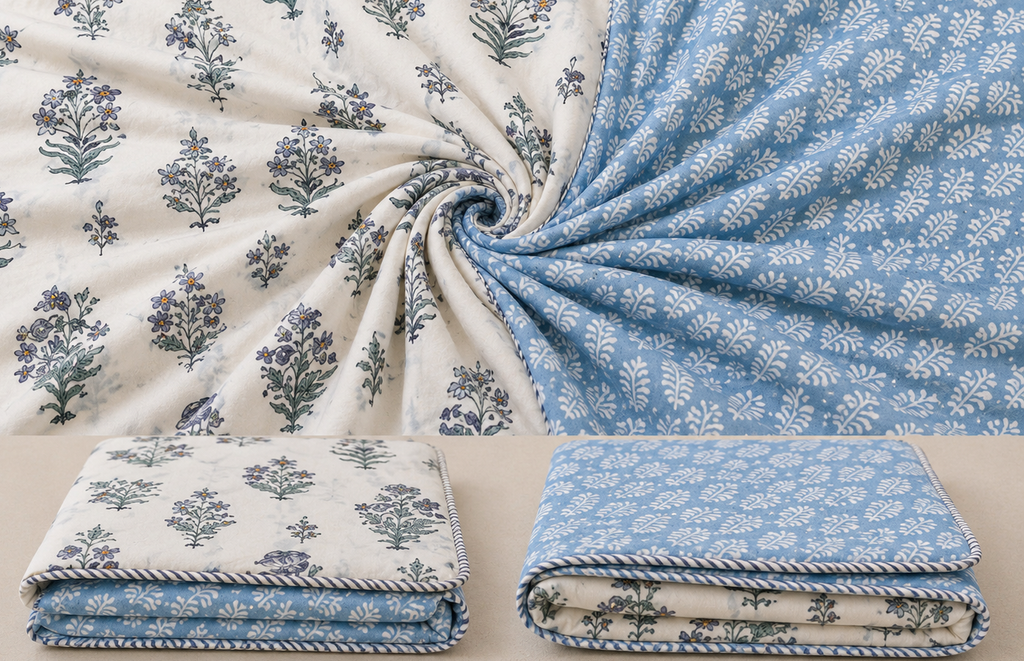 Blue Gulbahar Hand Block Print Reversible Dual Print Single Bed Dohar | 100% Cotton | Soft Lightweight Dohar Quilt