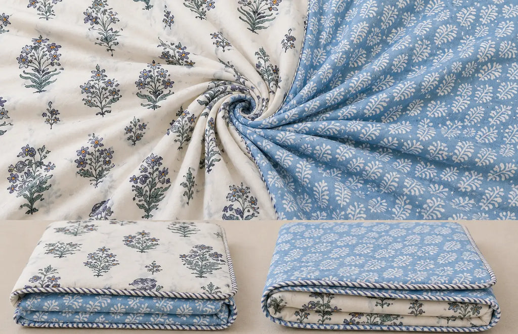 Blue Gulbahar Hand Block Print Reversible Dual Print Single Bed Dohar | 100% Cotton | Soft Lightweight Dohar Quilt
