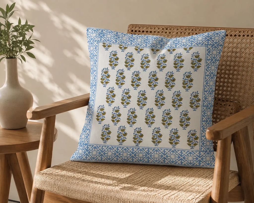Neel Amber Hand Block Print Cushion Cover – 16x16 Inch | Floral Cotton Pillow Cover | Jaipur Artisan Design
