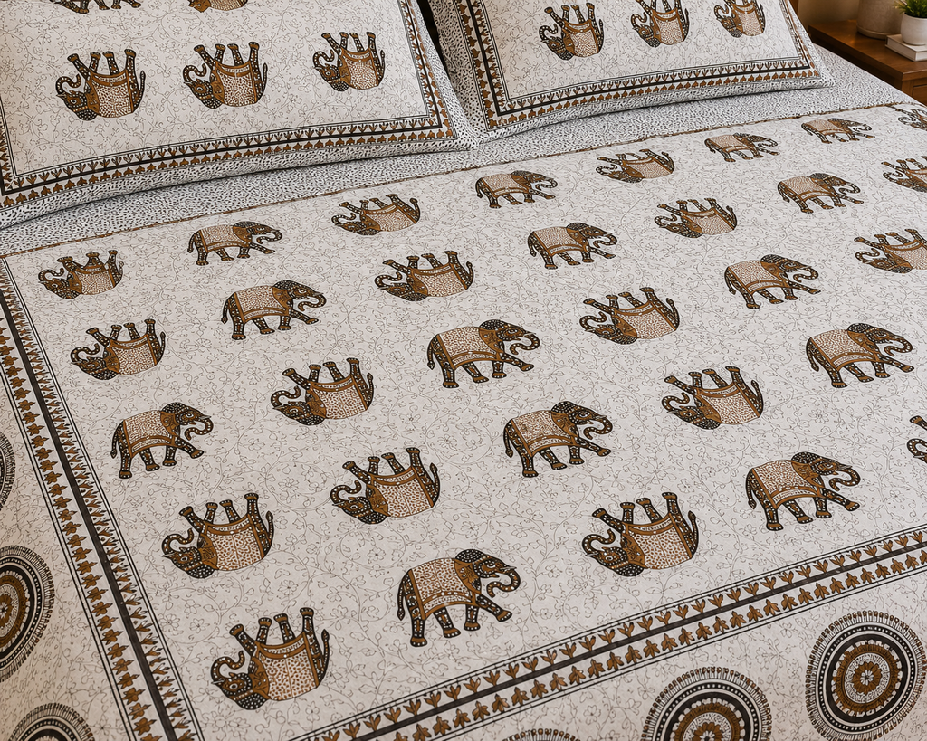 Jaipuri Gaj Booti Bedsheet Set | Ethnic Elephant Print Cotton Bed Sheet with 2 Pillow Covers (108x108 super king size)
